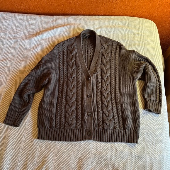 Quince 100% Organic Cotton Oversized Cable Cardigan Heather Brown Womens L - Picture 9 of 9
